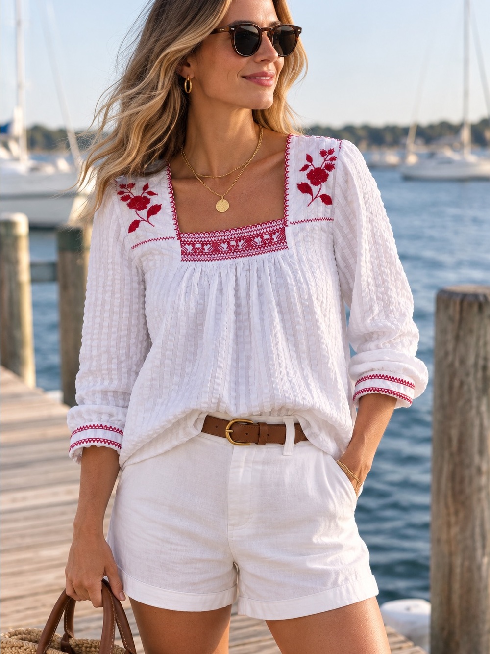 J. Crew White Peasant Blouse with Red Embroidery